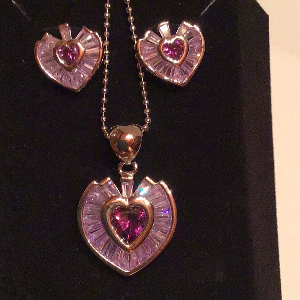 New Heart Necklace/Earring Silver tone rhodium plated. Lilac & Amethyst CZ’S